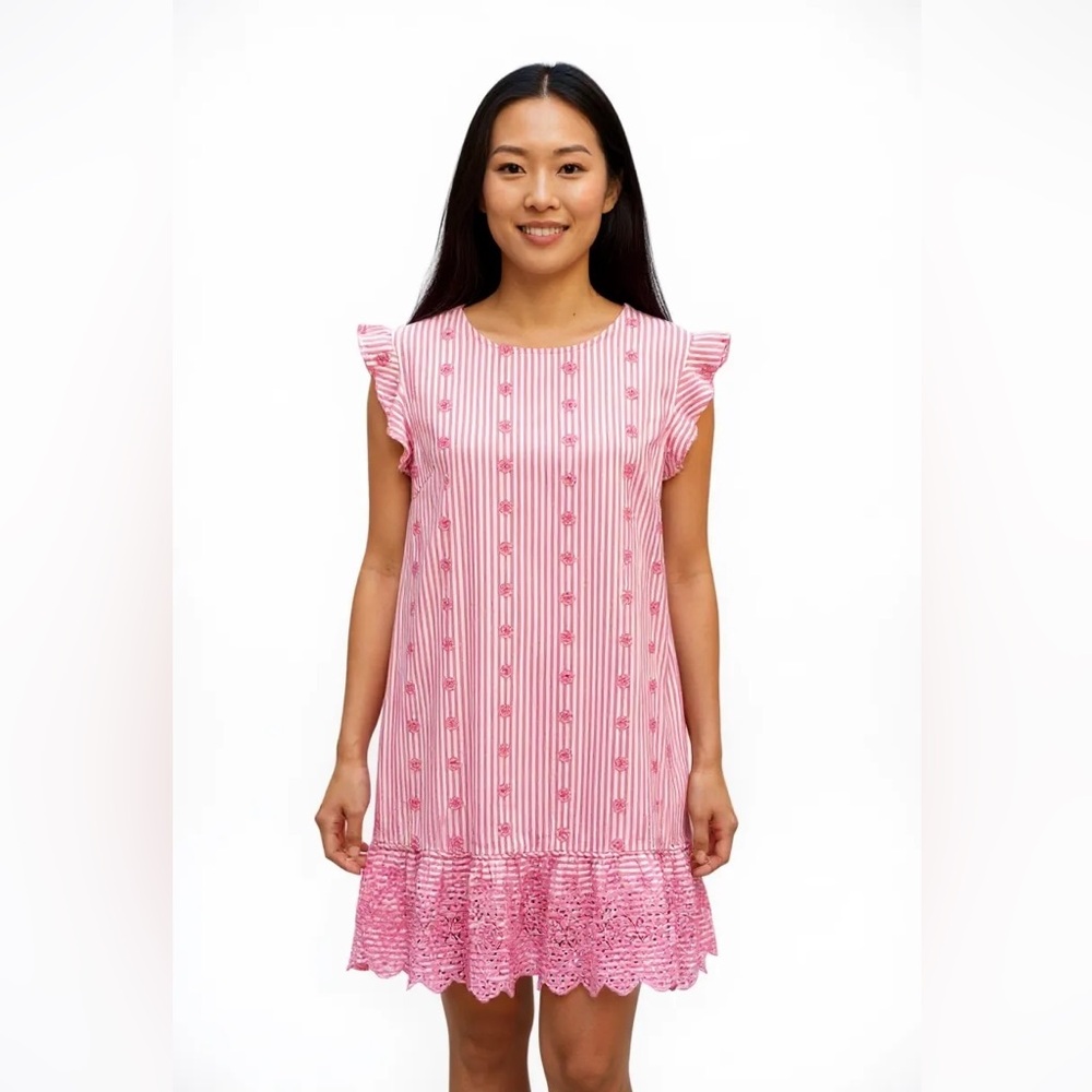 Crown&Ivy, Pink Striped Eyelet Lace Shift Dress. Ruffle sleeves Ruffles hem. Med